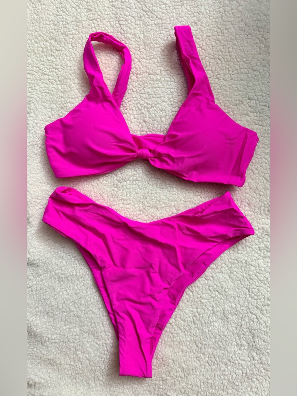geluboao Bikini. Solid V Neck Knot Front Push Up High Leg Thong Swimsuit - Picture 2 of 7